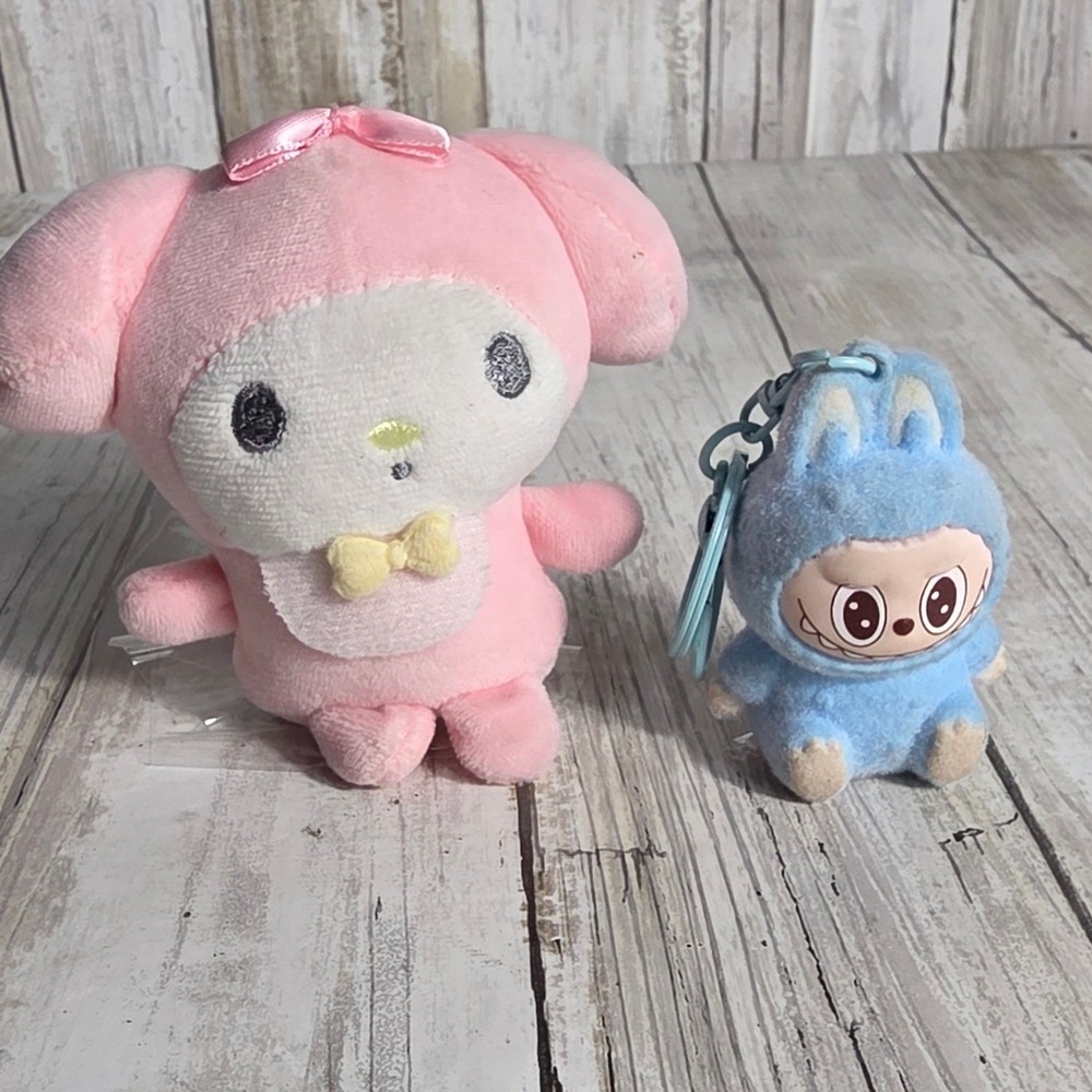 Sanrio My Melody Pink Plush & Blue Labubu Monster Bunny Keychain Bundle 2pc